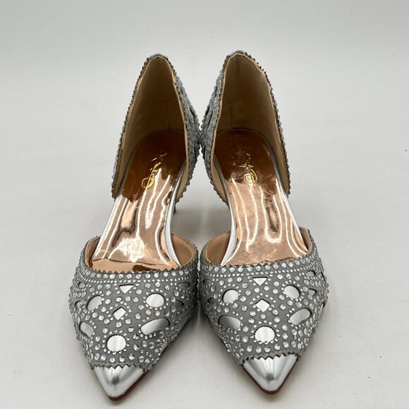 XYD Silver Elegant Pointed Toe D'Orsay Kitten Low Heel Rhinestone Studs Pumps - Picture 3 of 8
